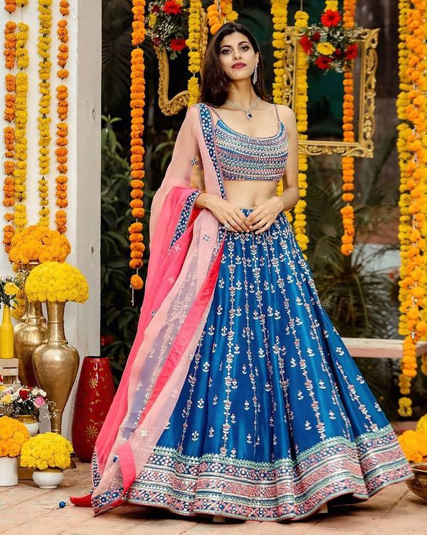 Aastha fashion off blue Lehenga Choli with chinon blouse fabric