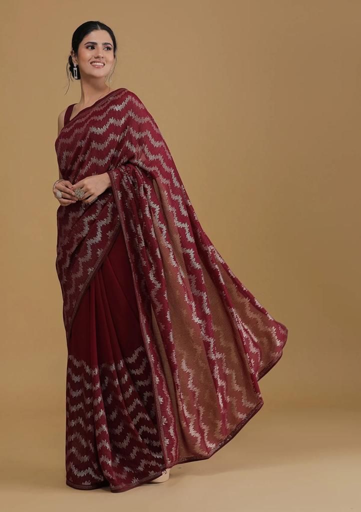 Aastha Maroon Heavy Georgette Fabric Satin Banglori Blouse fabric Beautiful Sequence embroidery work