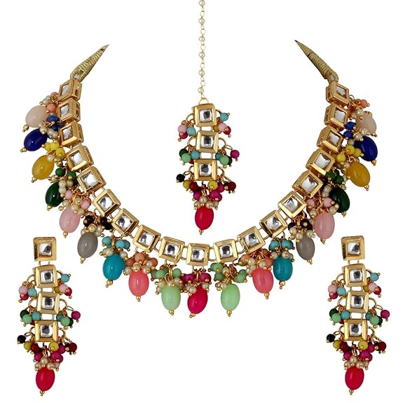 Tehzeeb Creation Back Meenakari 18k Gold Plated Square Shape Tika Earring Combo Jewellery Set Uncut Kundan Big Faux Kundan Dibbi Kundan Choker Necklace Set for Girl's & Women THZ500