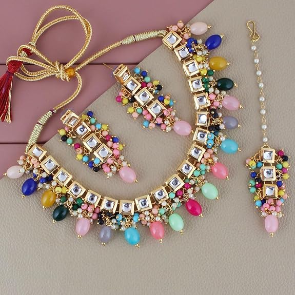 Tehzeeb Creation Back Meenakari 18k Gold Plated Square Shape Tika Earring Combo Jewellery Set Uncut Kundan Big Faux Kundan Dibbi Kundan Choker Necklace Set for Girl's & Women THZ500