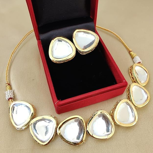 Tehzeeb Creation Meenakari 18K Gold plated White color pentagon shape Uncut Kundan Combo Necklace Set For Girl's & Women THZ441