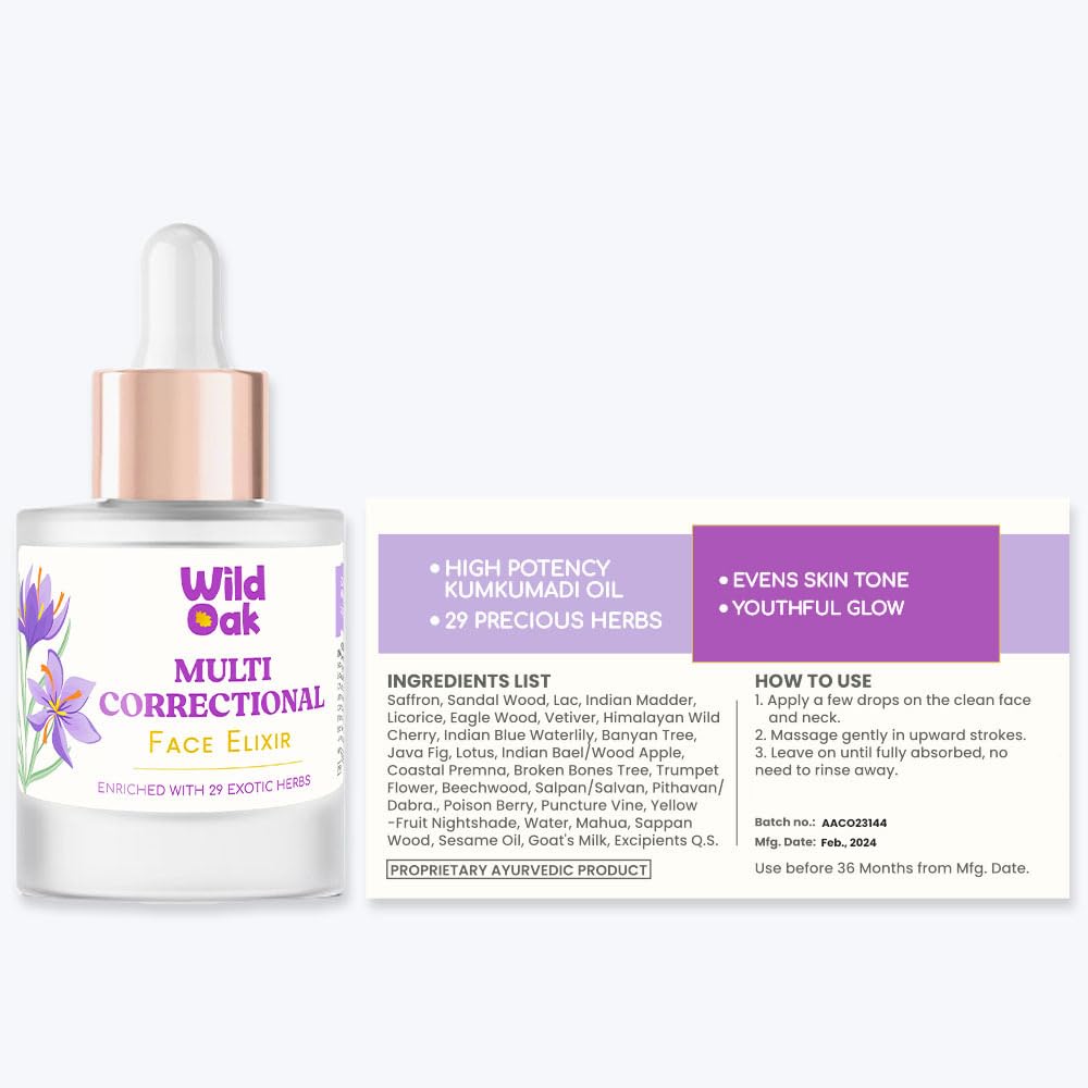 WildOak Kumkumadi Face Elixir | Pigmentation, Dark Circles & Anti Aging | Made Using 3000 Years Old Formulation, 8 Days Long Process | High Potent 75G Saffron/1Liter & 30 Exotic Herbs | 20ml