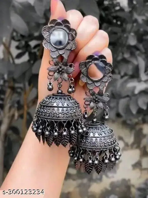 WOMENS BLACK COLOUR OXIDISED EARRINGS WITH MIRROR AND JHUMKI STYLE  THZ051