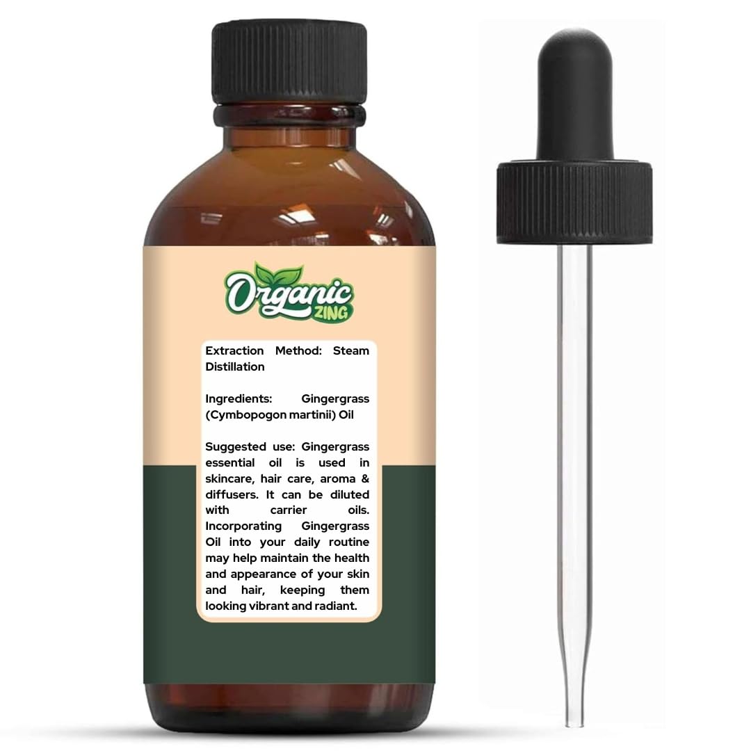 Organic Zing Gingergrass (Cymbopogon martinii) Oil | Pure & Natural Essential Oil for Skincare, Hair Care, Aroma and Diffusers