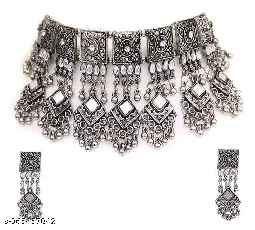 Tehzeeb Creations Women's Silver Colour Oxidised Necklace Set With Mirror Work