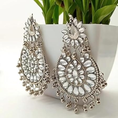 WOMENS SILVER COLOUR EARRINGS WITH KUNDAN AND GHUNGHROO WORK  THZ057