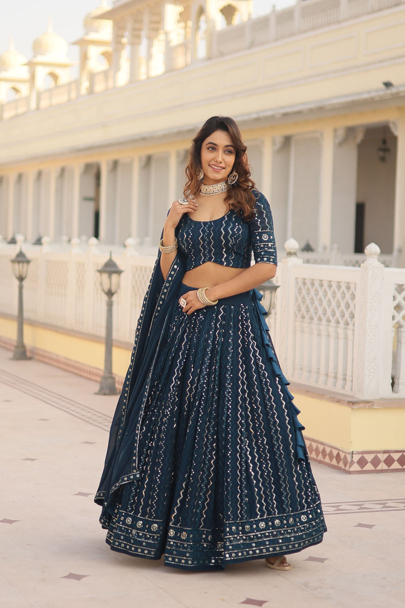 Aastha fashion  teal Lehenga faux blooming blouse fabric embroidery work