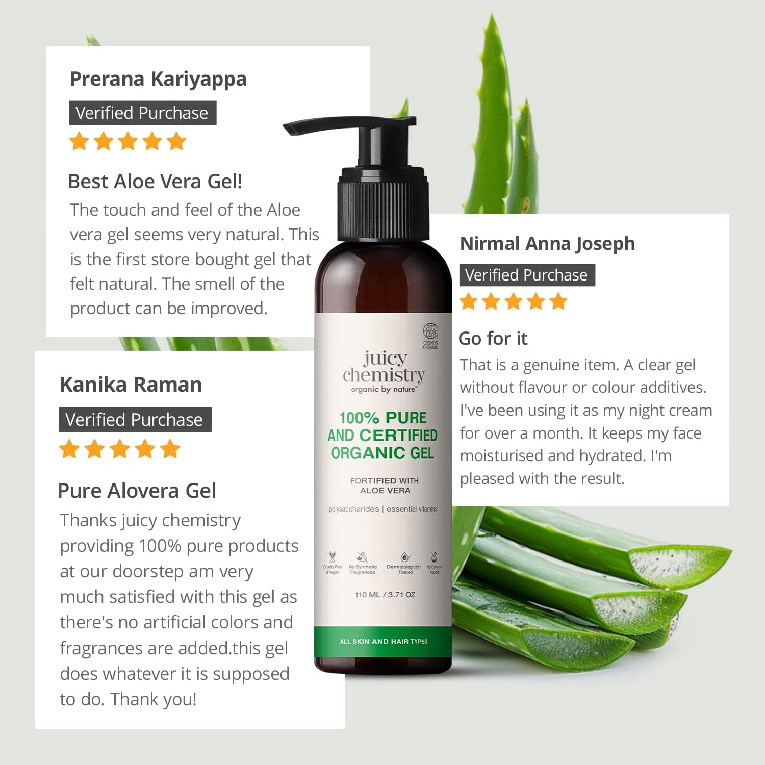 100% Pure Certified Organic Aloe Vera Gel for Face Skin & Hair