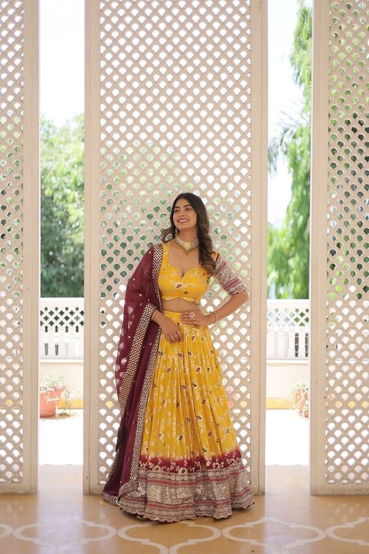 Aastha fashion yellow Pure Dyable Viscose Jacquard lehanga  blouse fabric embroidery work