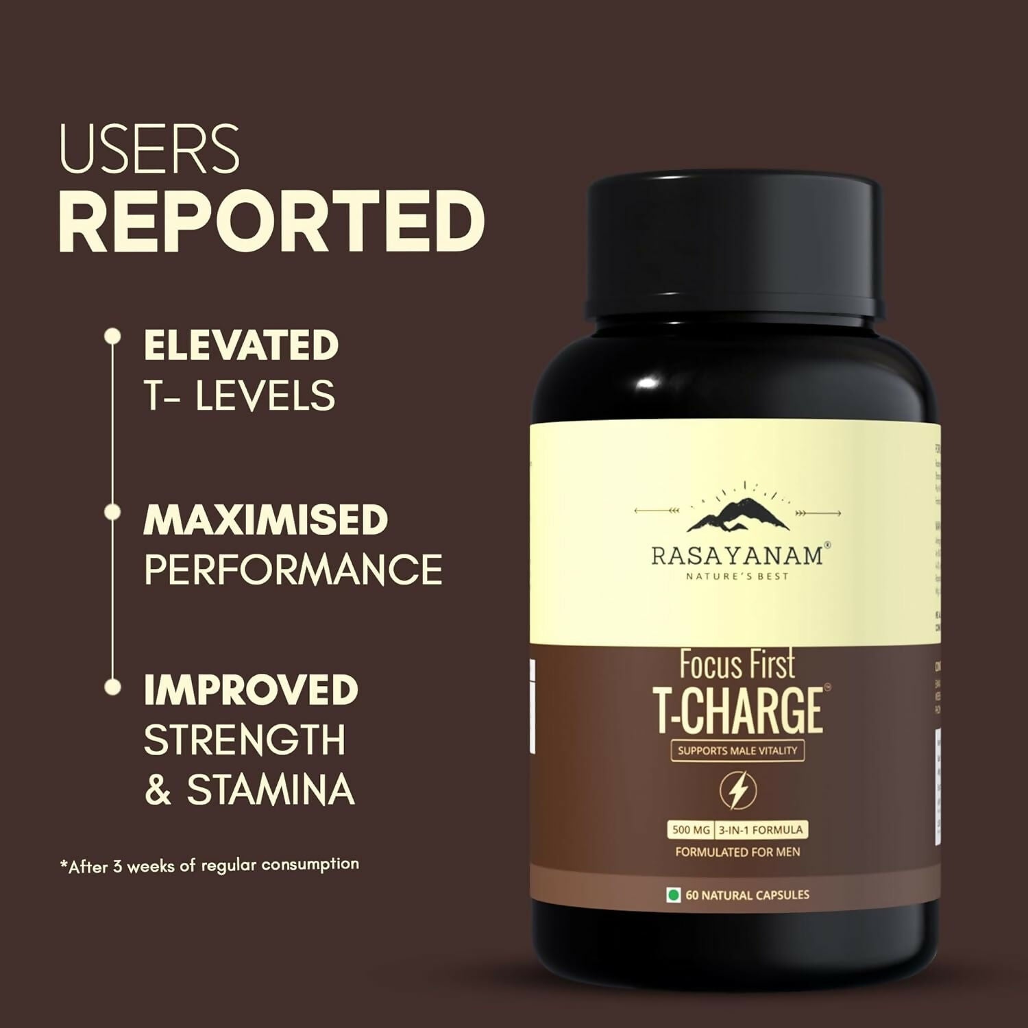 Rasayanam T-Charge Capsules (500mg) 3-in-1 Testosterone Supplement for Men with Sj