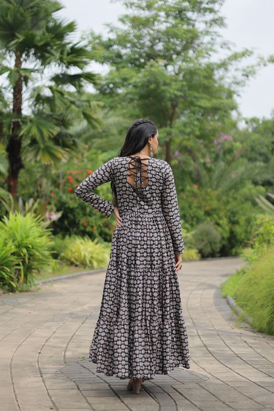 Aastha Black Cotton with Gown fabric Printed Cotton With Kutchi Gamthi Work and Kodi Lace