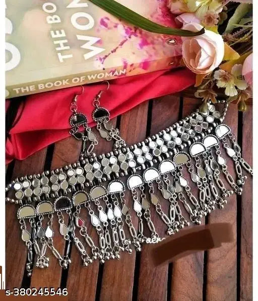 WOMENS SILVER COLOUR OXIDISED NACKLACE SET WITH MIRROR WORK   THZ081