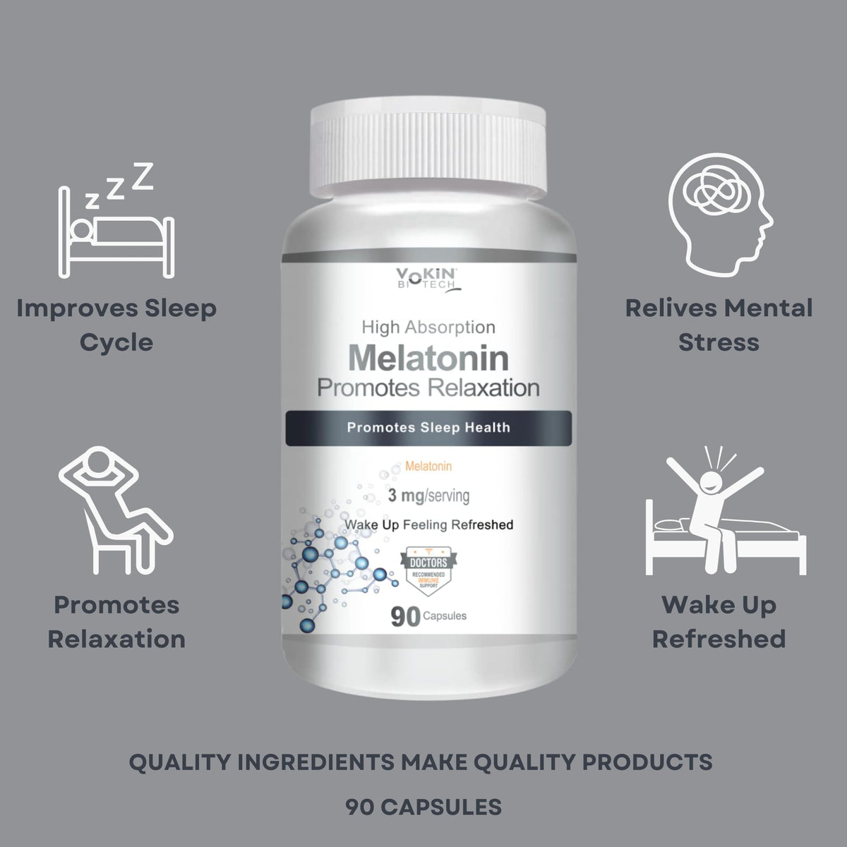 Vokin Biotech Melatonin 3mg Healthy Sleep Cycle | Helps Stress & Anxiety Relief | Improve Concentration