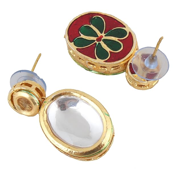 Tehzeeb Creation Back Meenakari 18k Gold Plated White Color Triangular Shape Earring Combo Jewellery Set Uncut Kundan Big Faux Kundan Dibbi Kundan Choker Necklace Set for Girl's & Women THZ417