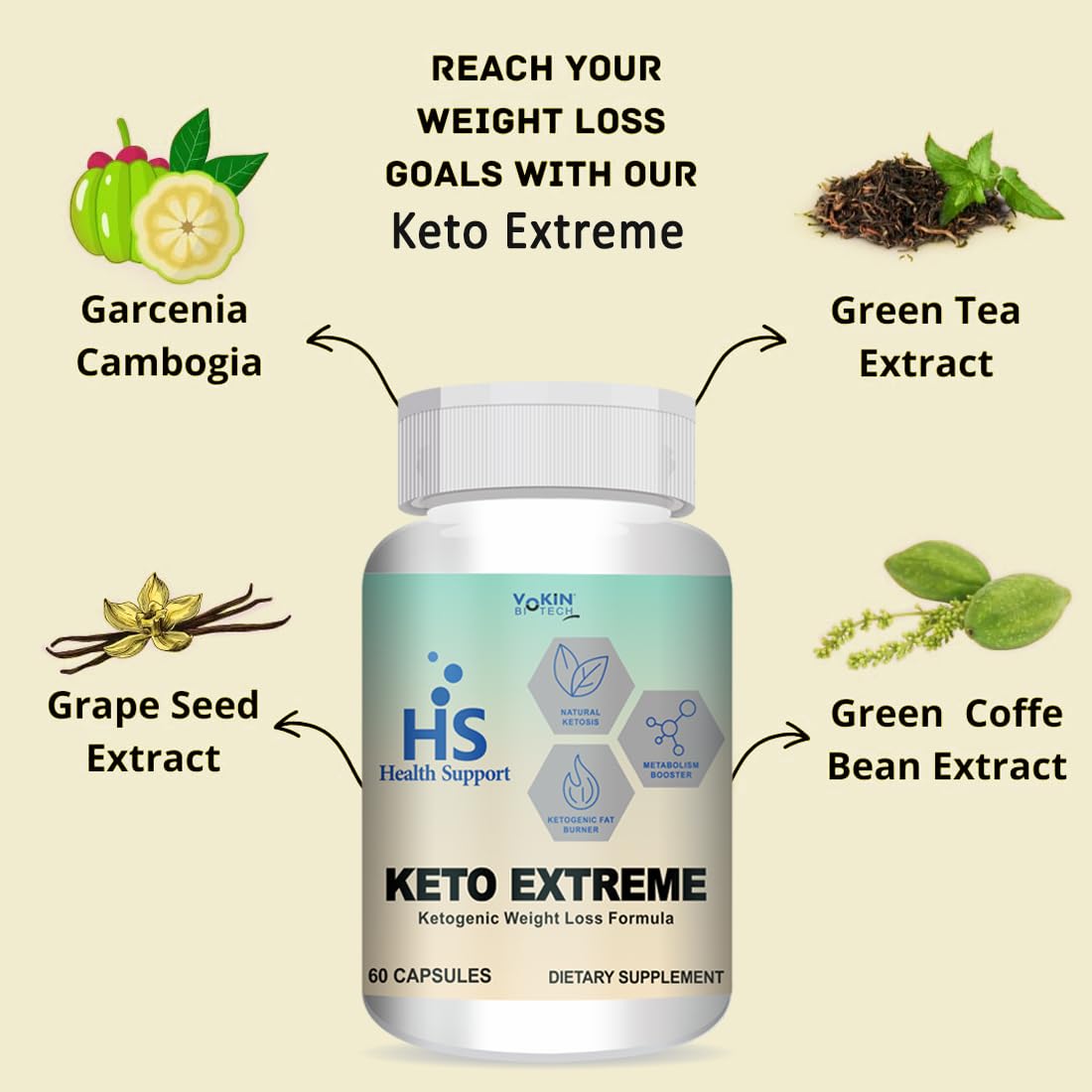 Vokin Biotech Keto Extreme Ketogenic Weight Loss Formula with Garcinia Cambogia Extract Fat Burner | Metabolism Booster