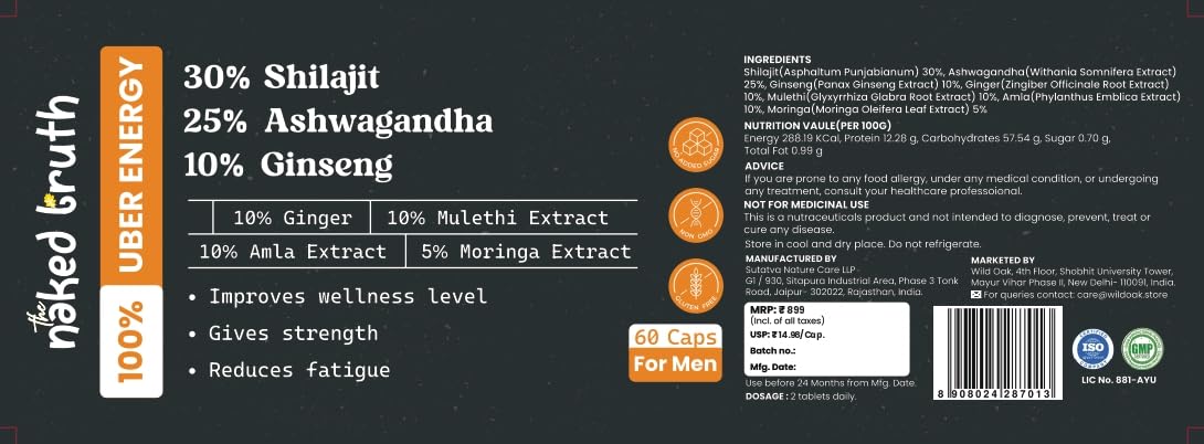 WildOak Shilajit with Ashwagandha & Korean Ginseng for MEN | Stamina & Testosterone Booster | Performance Booster For Endurance | Improves Strength & Muscles | Metabolism | 1000mg | 60 Veg Capsules