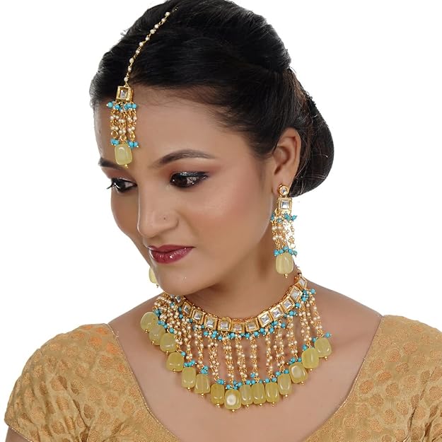 Tehzeeb Creation Back Meenakari 18k Gold Plated Multicolor Color Tika Earring Combo Jewellery Set Uncut Big Faux Kundan Dibbi Kundan Choker Necklace Set for Girl's & Women THZ444