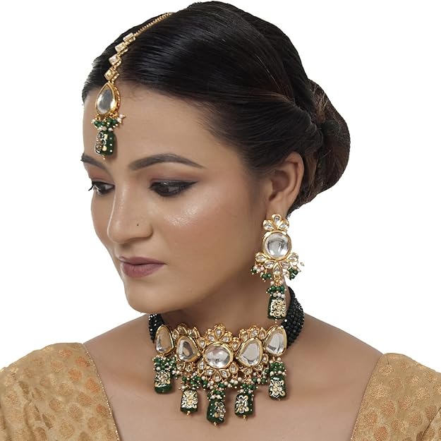 Tehzeeb Creation Back Meenakari 18k Gold Plated Tika Earring Combo Jewellery Set Uncut Kundan Big Faux Kundan Dibbi Kundan Choker Necklace Set for Girl's & Women THZ430