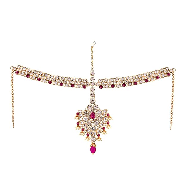Tehzeeb Creation Designer Magenta Color Gold Plated Dulhan Choker Bridal Set with sheeshpatti for Girls & Women  THZ407