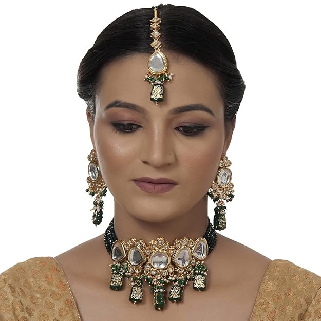 Tehzeeb Creation Back Meenakari 18k Gold Plated Tika Earring Combo Jewellery Set Uncut Kundan Big Faux Kundan Dibbi Kundan Choker Necklace Set for Girl's & Women THZ447