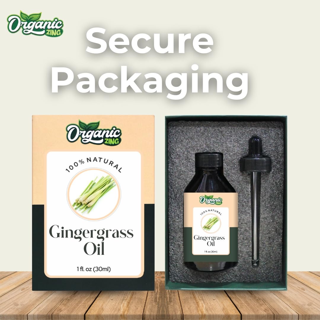Organic Zing Gingergrass (Cymbopogon martinii) Oil | Pure & Natural Essential Oil for Skincare, Hair Care, Aroma and Diffusers