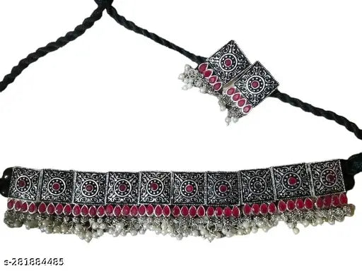 WOMENS OXIDISED NACKLACE SET WITH WHITE PEARL  THZ064