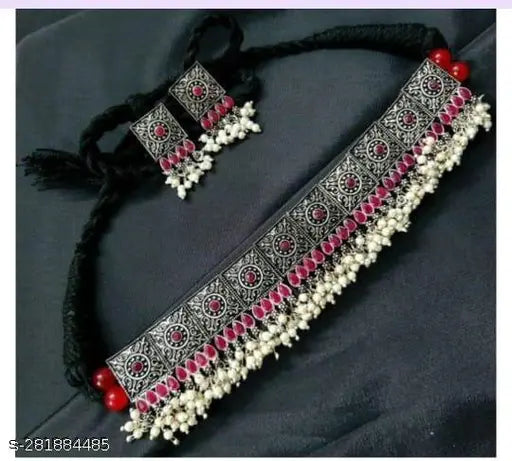 WOMENS OXIDISED NACKLACE SET WITH WHITE PEARL  THZ064