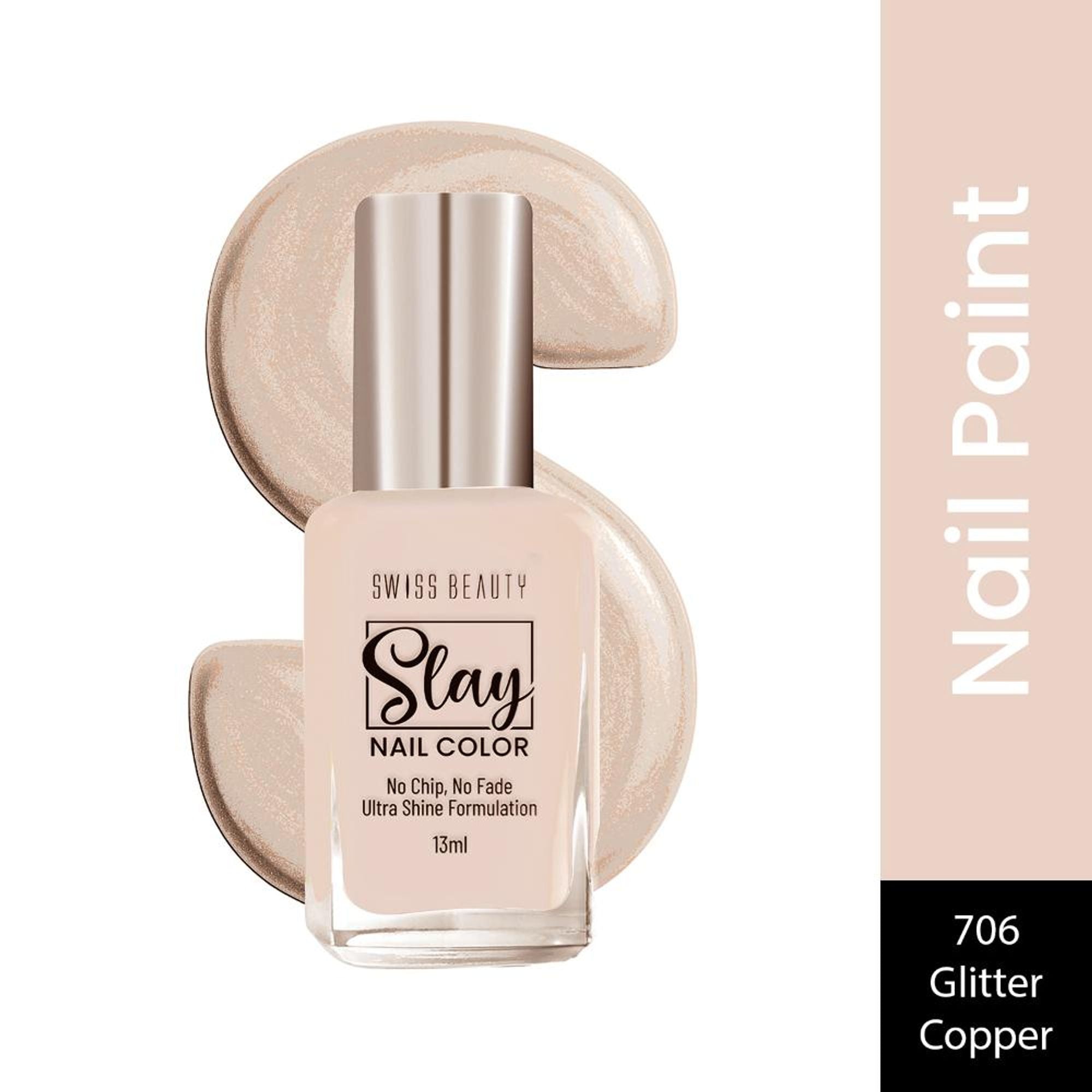 Swiss Beauty Slay Nail Color With Ultra Shine Formulation - 706 Glitter Copper