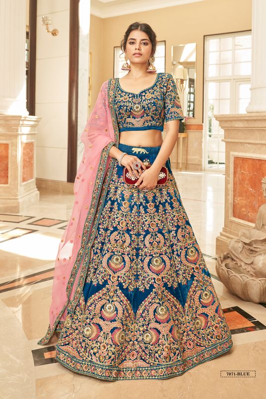 Aastha fashion Blue Velvet lehanga blouse fabric Thread, Zari, Dori and Sequins Embroidery Work