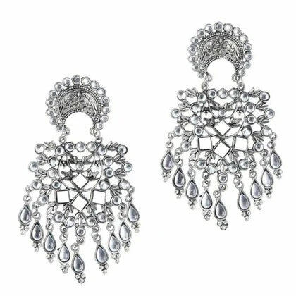 Tehzeeb Creations Women's Silver Colour Oxidised Earrings With Kundan