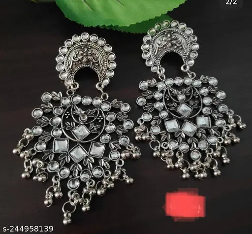 Tehzeeb Creations Women's Silver Colour Oxidised Earrings With Kundan