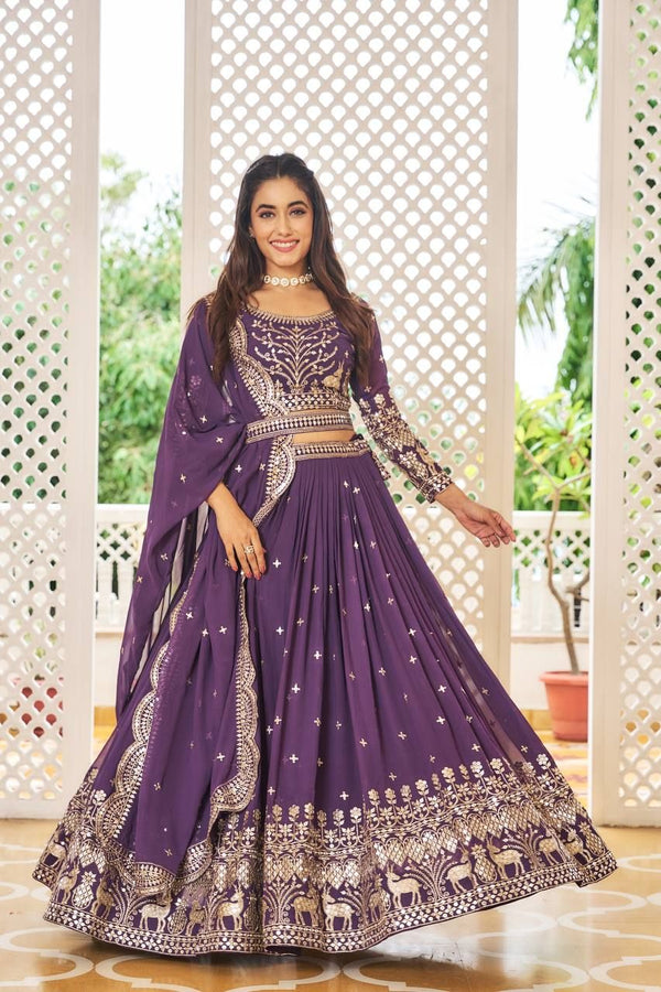 Aastha fashion Magenta Heavy Fox Georgette lehanga blouse fabric Embroidery 7mm Sequence Work with Belt