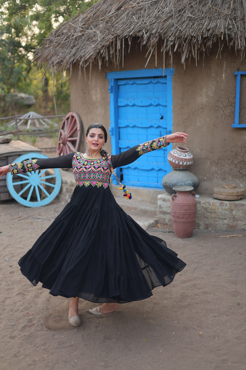 Aastha Black with Gown Blooming Faux Georgette Kutchi Gamthi Work