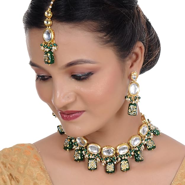 Tehzeeb Creation Back Meenakari 18k Gold Plated Maroon Color Tika Earring Combo Jewellery Set Uncut Kundan Big Faux Kundan Dibbi Kundan Choker Necklace Set for Girl's & Women THZ450