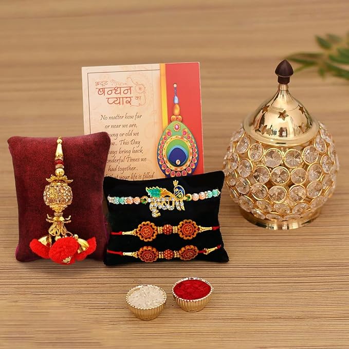 Rakhi Gift for Brother Combo Set - Rakhi for Brother - Rakhi for Rakshabandhan Diya Gifts for Bhaiya Bhabhi- Akhand Crystal Diya Oil Lamp,Krishna Rakhi, Rudraksh Rakhi, Lumba Rakhi