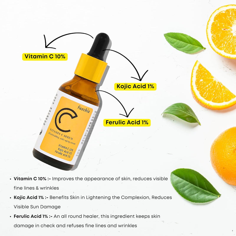 Fuschia Vitamin C Serum | for Illuminating Skin | Anti-Ageing | with Vit C 10% | Kojic Acid 1% | Ferulic Acid 1%