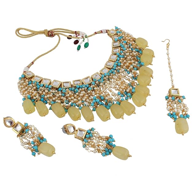 Tehzeeb Creation Back Meenakari 18k Gold Plated Multicolor Color Tika Earring Combo Jewellery Set Uncut Big Faux Kundan Dibbi Kundan Choker Necklace Set for Girl's & Women THZ444