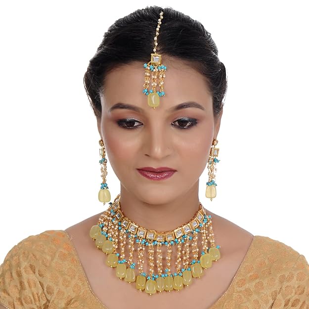 Tehzeeb Creation Back Meenakari 18k Gold Plated Multicolor Color Tika Earring Combo Jewellery Set Uncut Big Faux Kundan Dibbi Kundan Choker Necklace Set for Girl's & Women THZ444