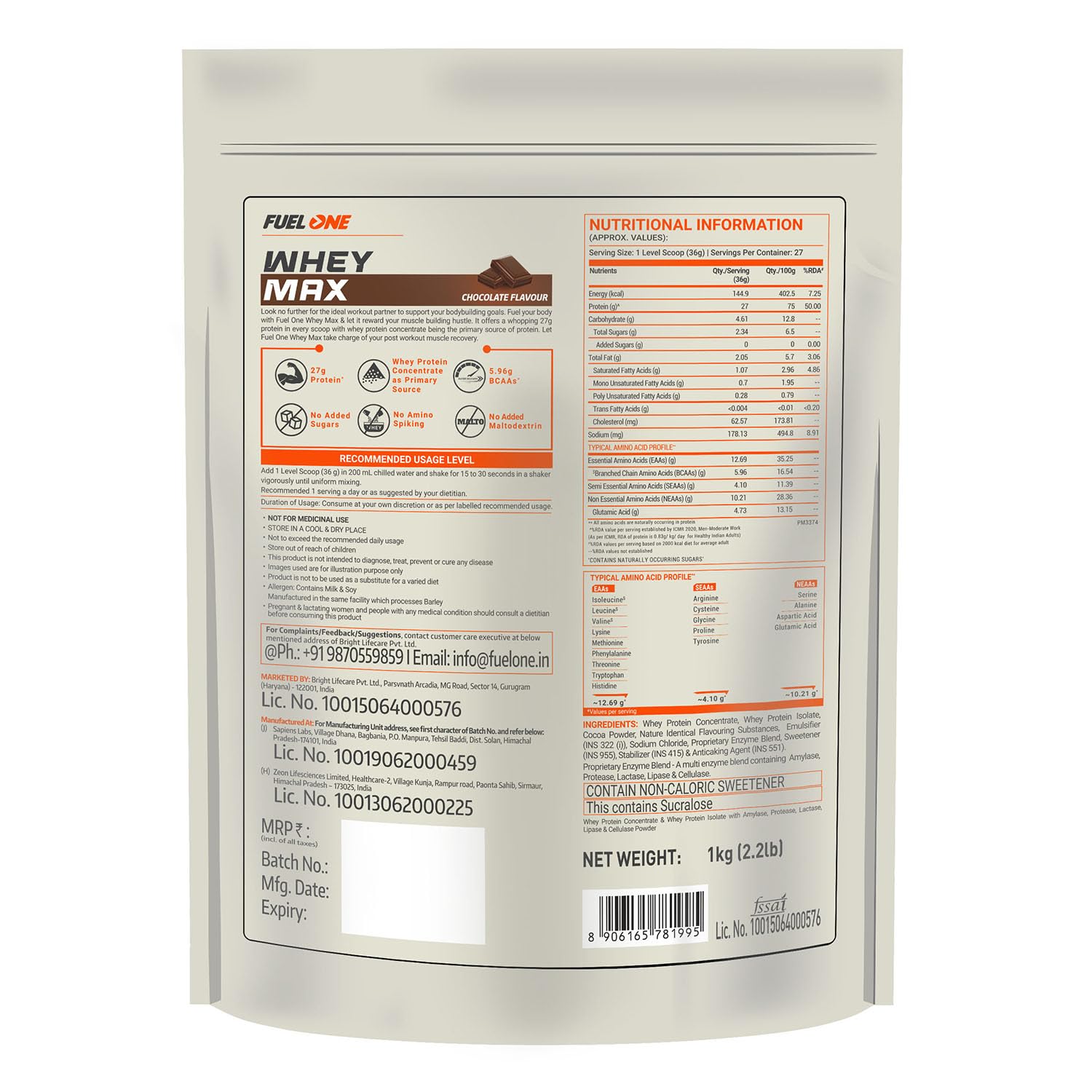 FUELONE Whey Max - Chocolate and Creatine Monohydrate Combo
