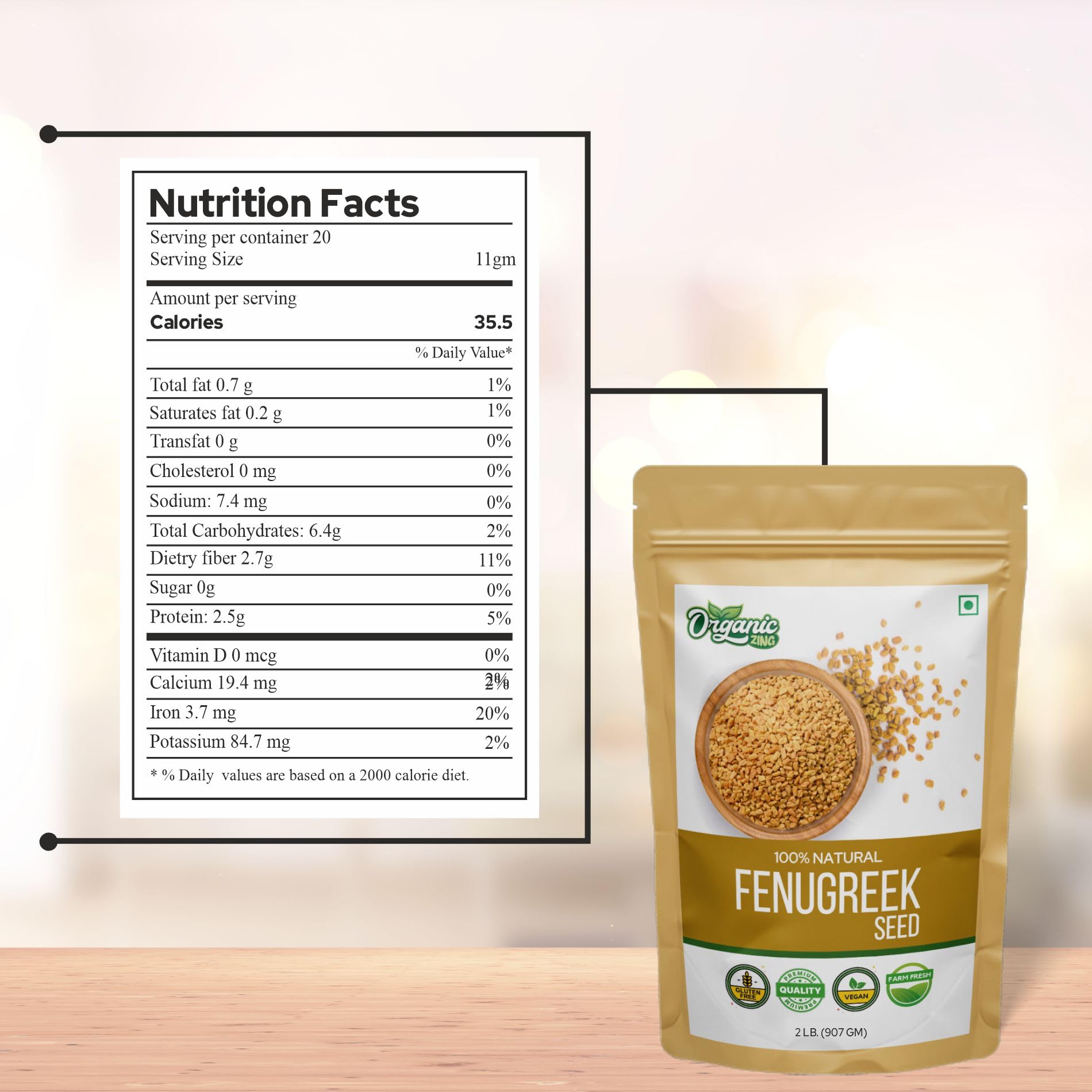 Organic Zing Fenugreek Seeds Also Known As Methi Seeds and Trigonella Foenum-Graecum |100% Pure & Natural | Vegan | Preservative Free | Resealable Pack