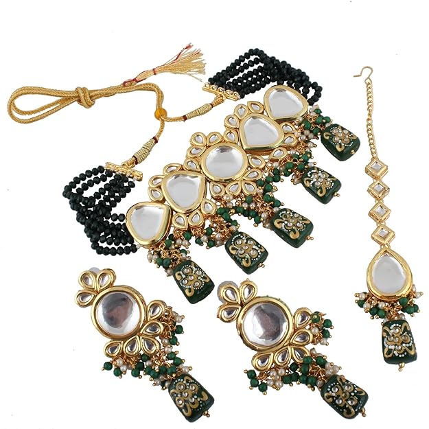 Tehzeeb Creation Back Meenakari 18k Gold Plated Tika Earring Combo Jewellery Set Uncut Kundan Big Faux Kundan Dibbi Kundan Choker Necklace Set for Girl's & Women THZ447