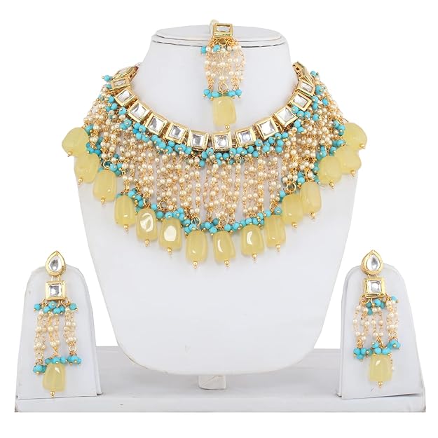 Tehzeeb Creation Back Meenakari 18k Gold Plated Multicolor Color Tika Earring Combo Jewellery Set Uncut Big Faux Kundan Dibbi Kundan Choker Necklace Set for Girl's & Women THZ444