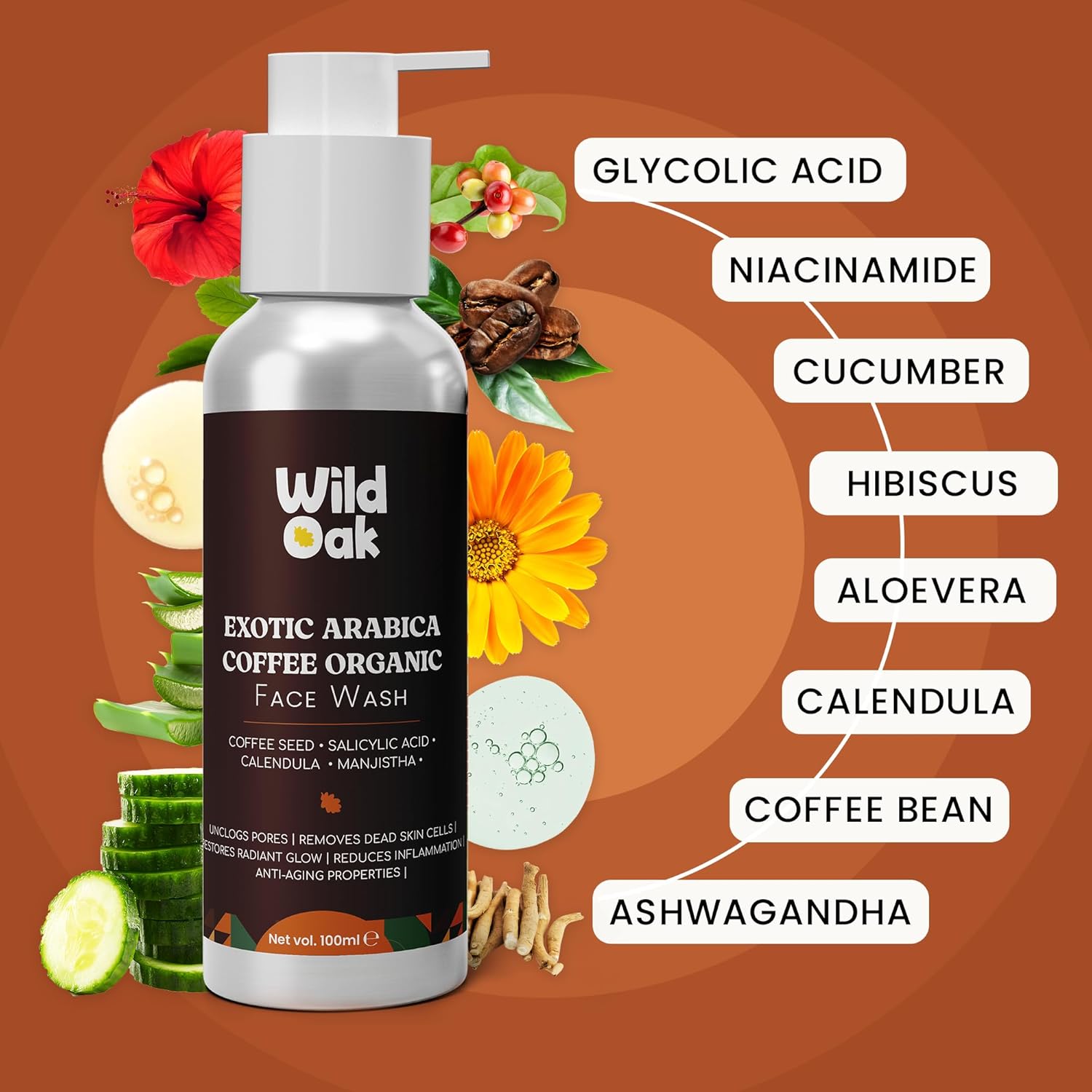 Wild Oak 3% Glycolic & Salicylic Acid Coffee Face Wash | All Skin Type | Sulphate free, Anti Acne Face Cleanser With Niacinamide For Acne or Pimples | For Women & Men | 100 ml