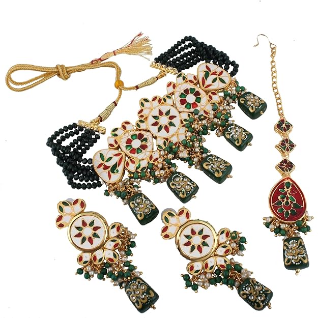 Tehzeeb Creation Back Meenakari 18k Gold Plated Tika Earring Combo Jewellery Set Uncut Kundan Big Faux Kundan Dibbi Kundan Choker Necklace Set for Girl's & Women THZ438