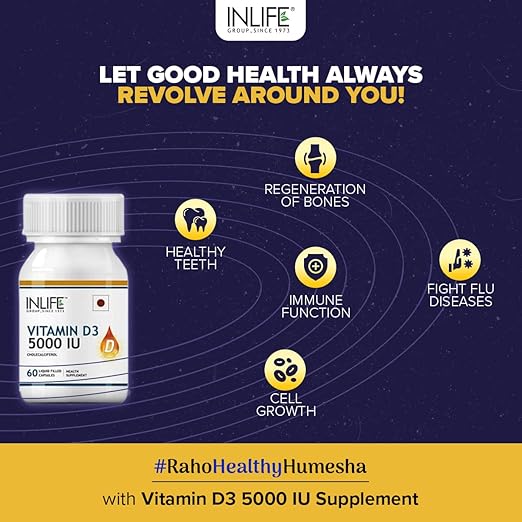 INLIFE Vitamin D3 Cholecalciferol Supplement with Coconut Oil for Better Absorption, For Men & Women, Immunity, Bone Health, Muscles - 60 Capsules