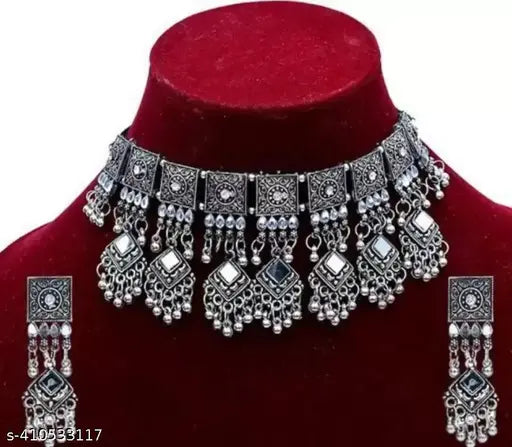 WOMENS SILVER COLOUR OXIDISED NACKLACE SET WITH MIRROR WORK  THZ072