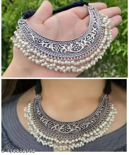 WOMENS SILVER COLOUR OXIDISED NACLACE WITH WHITE PEARL  THZ079