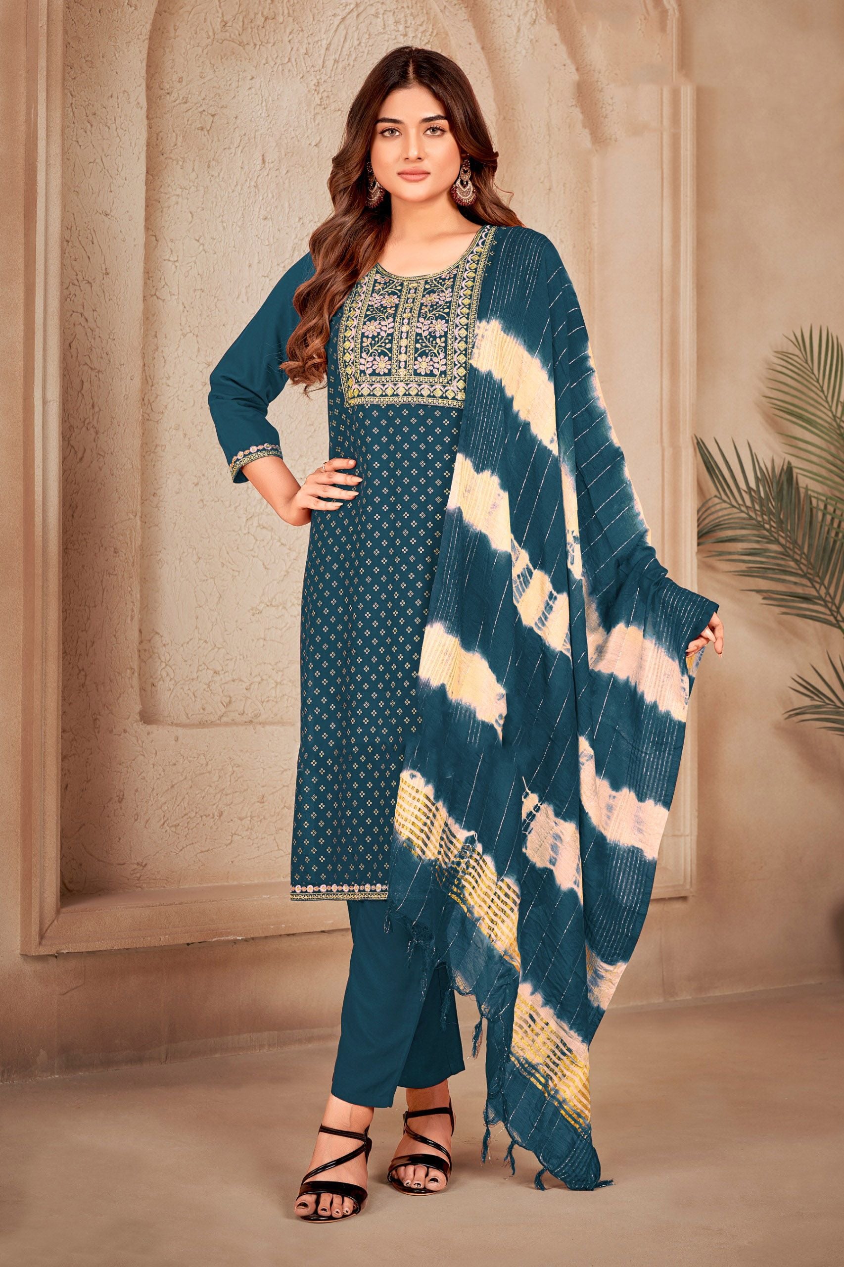 Aastha fashion Teal Dupatta with multi color kurti pant fabric 14kg Rayon