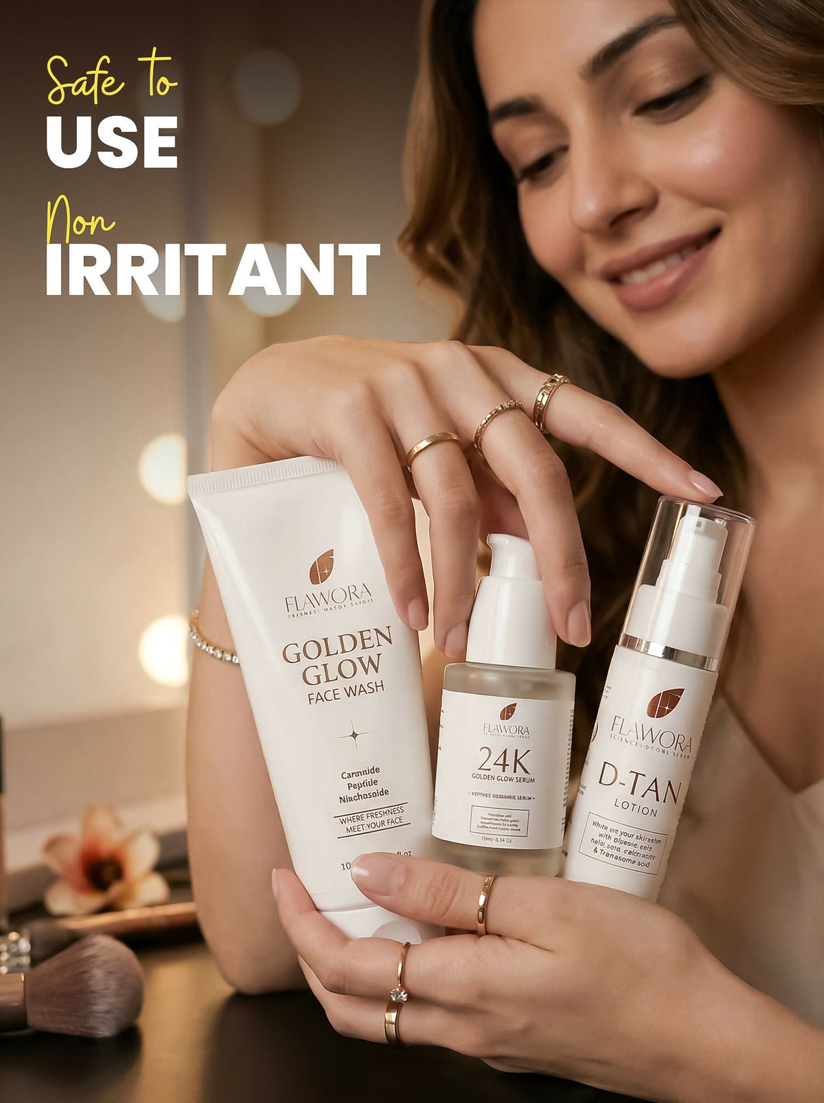 Flawora Set of Golden Glow Face Wash, D-Tan Lotion and 24k Golden Glow Face Serum