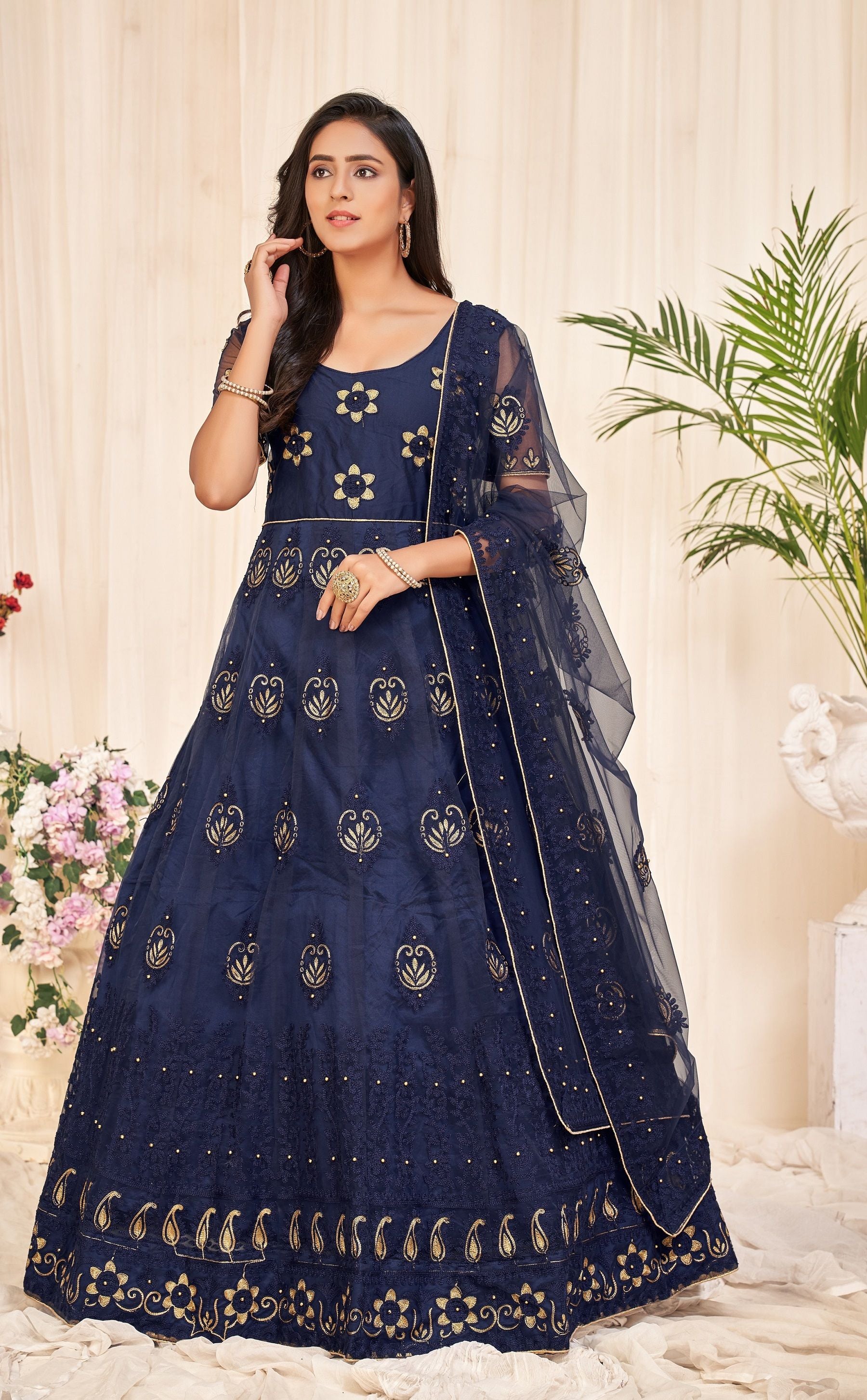Aastha Navy Blue Dupatta with Net top fabric Crepe Bottom fabric
